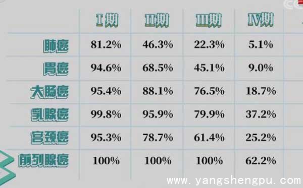 不同癌症的不同时期治疗效果对比图